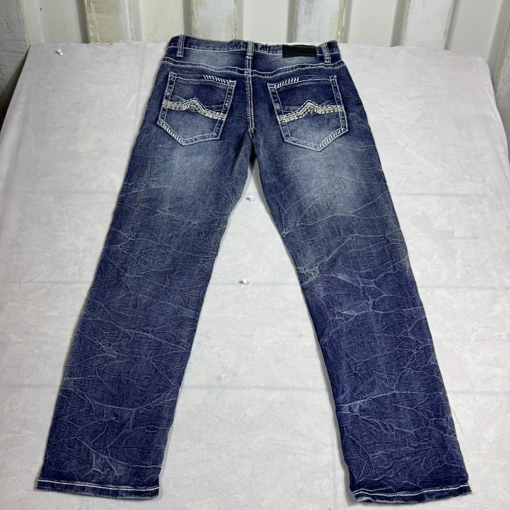 True Luck Mens Straight Leg‎ Jeans Blue Faded Denim Whisker 5-Pocket Size 30/30